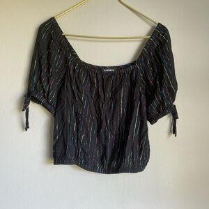 Express Black Off-Shoulder Crop Top with Multicolor Stripe Detail
